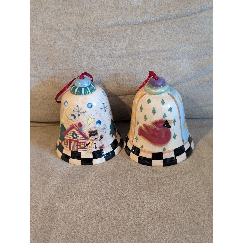 Set of 2 Christmas Bells with Red Ribbon Hangers 2001 Raised Folk Art Design